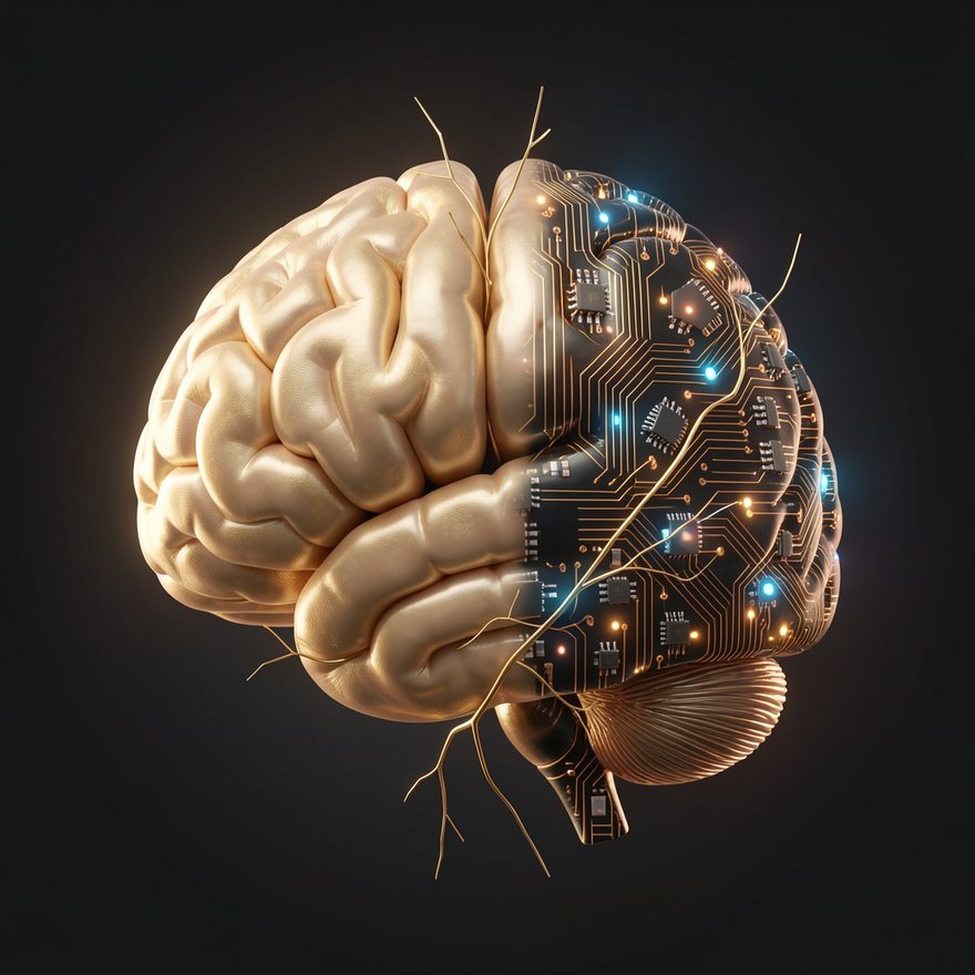 A human brain rendered half as organic gold tissue and half as a glowing gold-and-copper printed circuit board, on a dark background — the organic compute module.